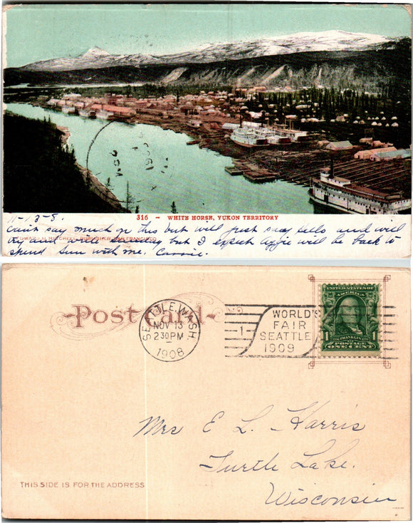 Postcard UB 1909 Seattle WA White Horse Yukon to Turtle Lake WI $$ 383515 ISH