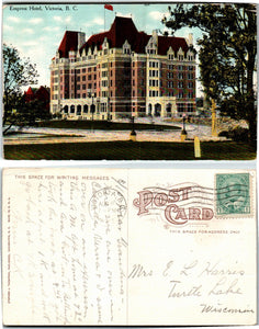 Postcard 1911 Victoria B.C. Empress Hotel to WI $$ 383522 ISH