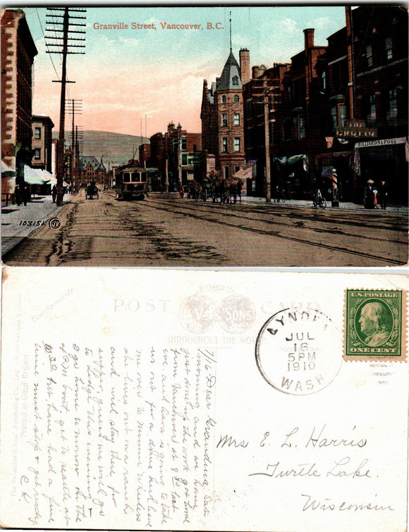 Postcard 1910 Vancouver B.C. Street Scene to Turtle Lake WI $$ 383526 ISH