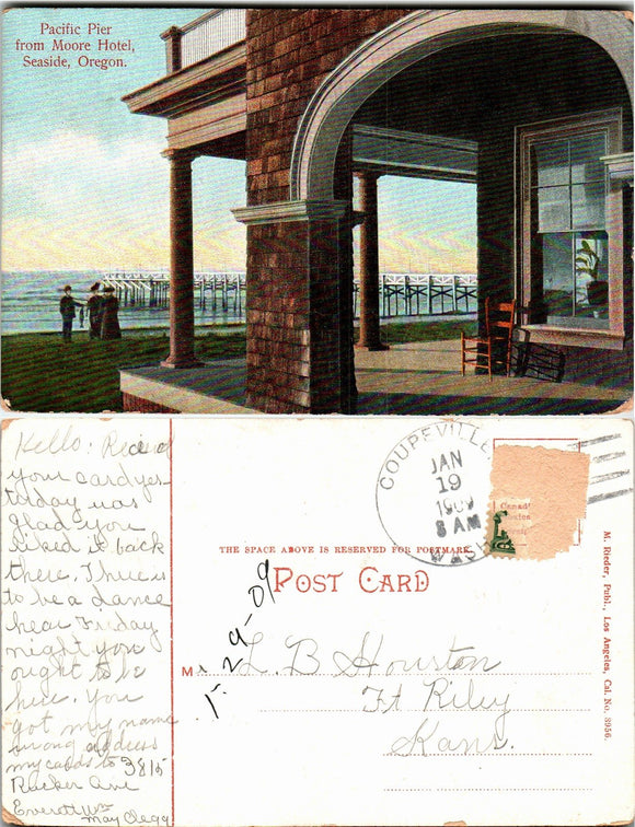 Postcard 1909 Coupeville WA Seaside Hotel to Ft. Riley KA $$ 383549 ISH