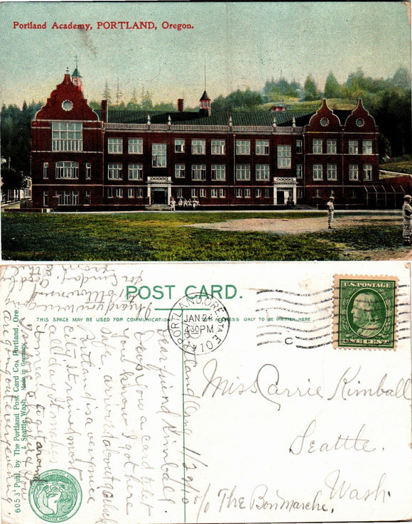 Postcard 1910 Portland OR Portland Academy to Seattle WA $$ 383556 ISH