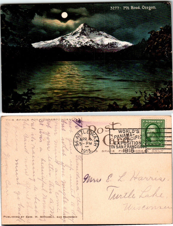 Postcard 1915 Seattle WA Mt. Hood View to Turtle Lake WI $$ 383557 ISH