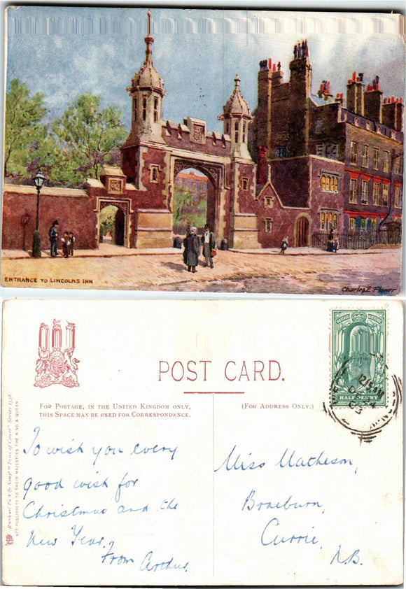 Postcard TUCK 1903 Lincolns Inn London to Edinburgh $$ 383558 ISH