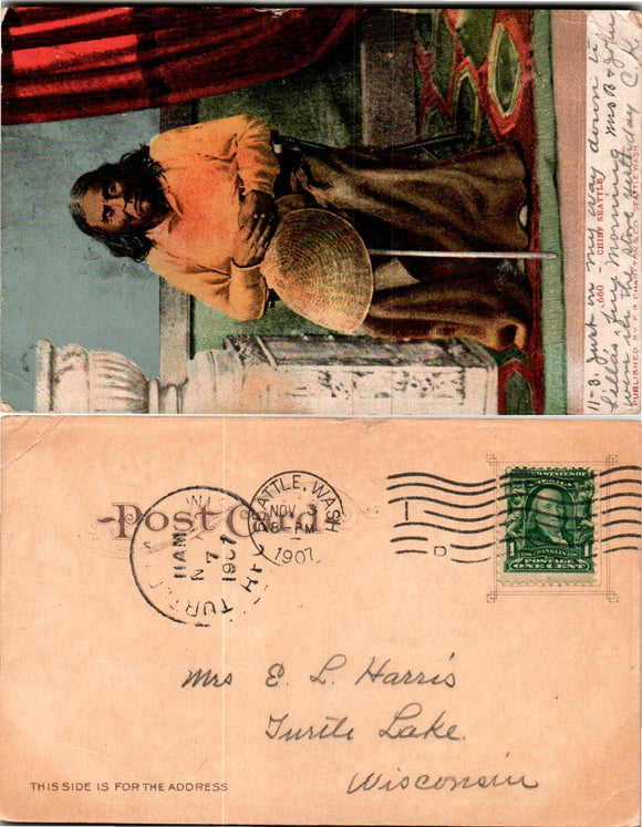 Postcard UB 1907 Seattle WA Chief Seattle to Turtle Lake WI $$ 383560 ISH