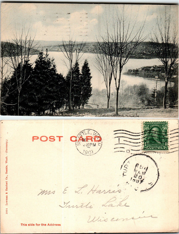 Postcard UB 1907 Seattle WA Lake Union View to Turtle Lake WI $$ 383561 ISH