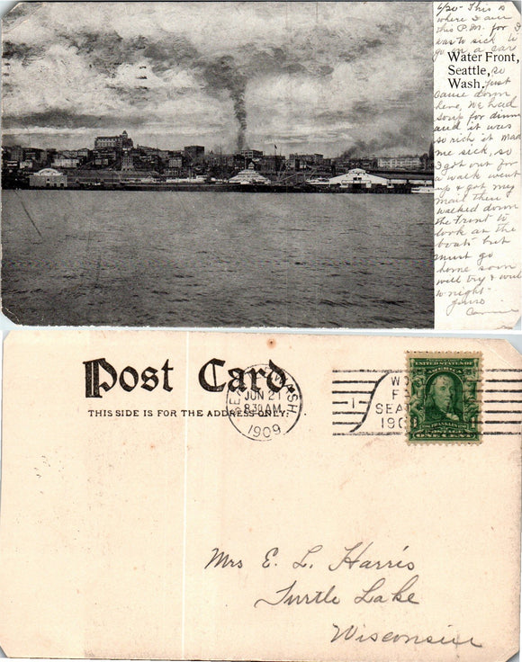 Postcard UB 1907 Seattle WA Water Front View to Turtle Lake WI $$ 383564 ISH