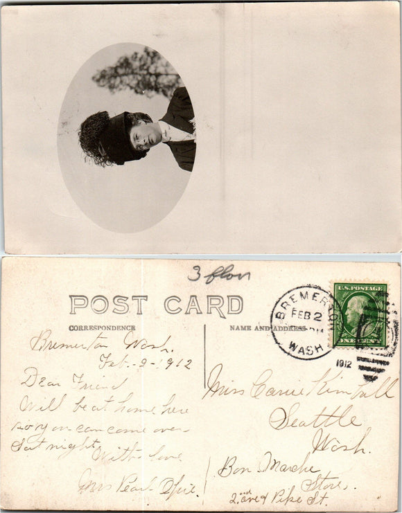 Postcard RP 1912 Bremerton WA Photo of Woman to Seattle WA $$ 383570 ISH