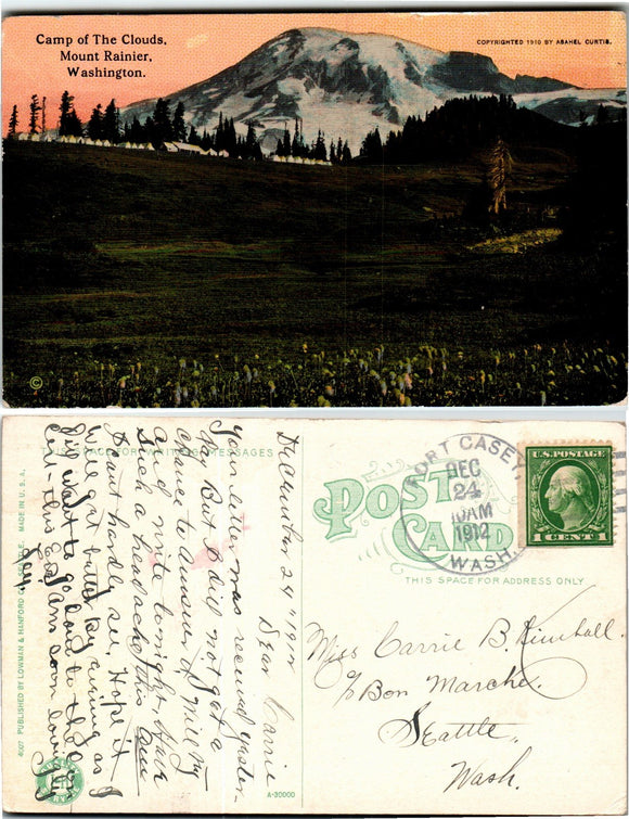 Postcard DPO 2 1912 Ft. Casey WA Mt. Rainier View to Seattle WA $$ 383573 ISH
