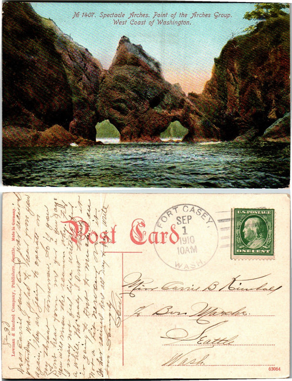 Postcard DPO 2 1910 Ft. Casey WA Spectacle Arches to Seattle WA $$ 383580 ISH