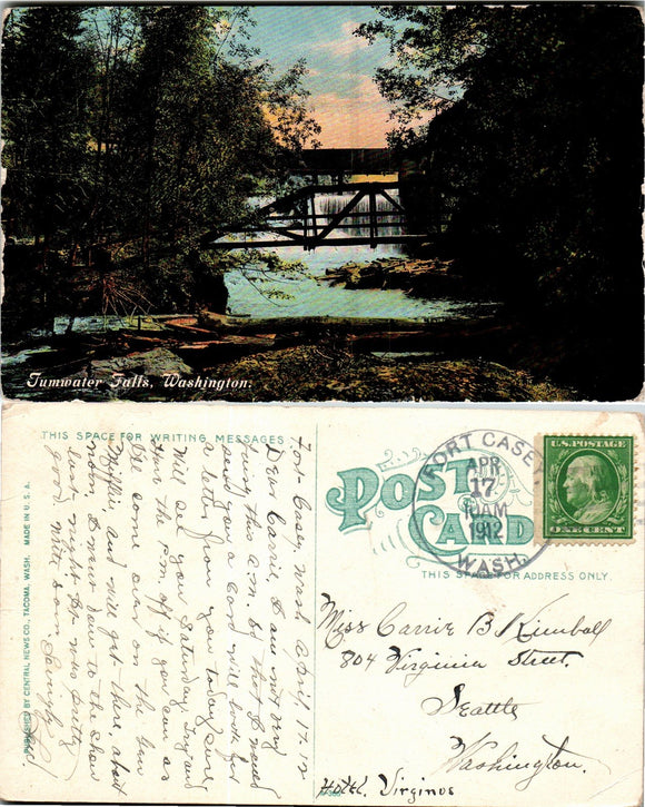 Postcard DPO 2 1912 Ft. Casey WA Tumwater Falls to Seattle WA $$ 383581 ISH