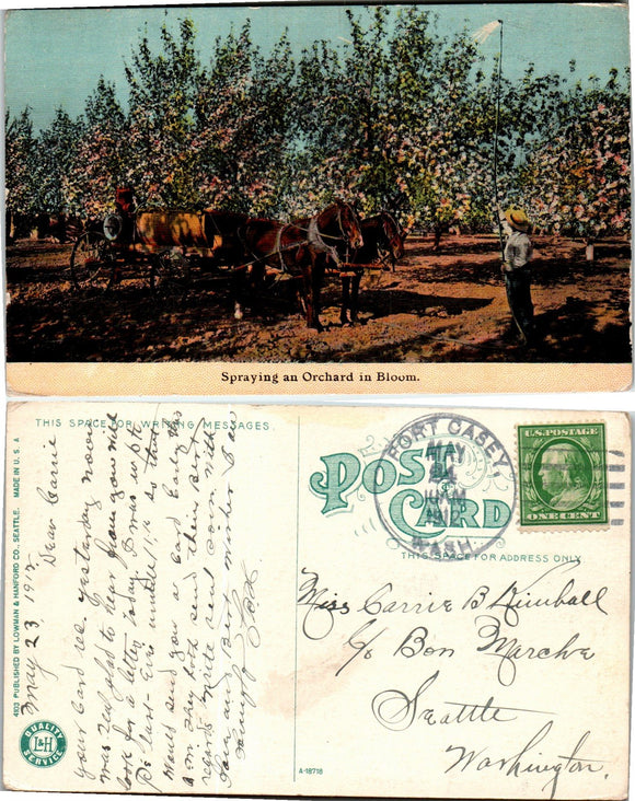 Postcard DPO 2 1912 Ft. Casey WA Spraying Orchard to Seattle WA $$ 383583 ISH