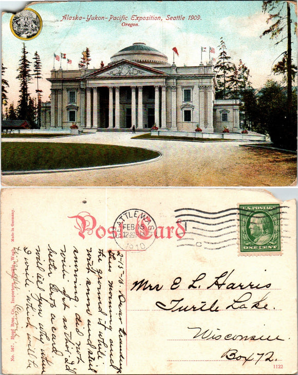 Postcard AI 1910 Seattle WA Alaska-Yukon Exposition to WI $$ 383585 ISH