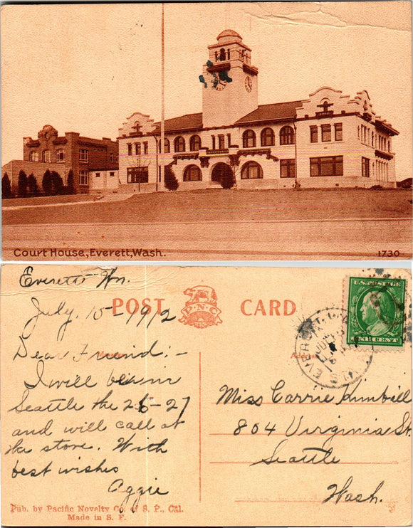 Postcard 1912 Everett WA Court House to Seattle WA $$ 383587 ISH