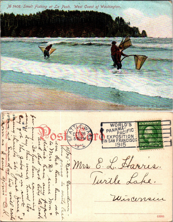 Postcard 1912 Seattle WA Smelt Fishing to Turtle Lake WI $$ 383588 ISH
