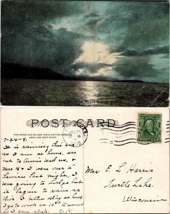 Postcard 1908 Seattle WA Moonlight on Peuget Sound to WI $$ 383593 ISH