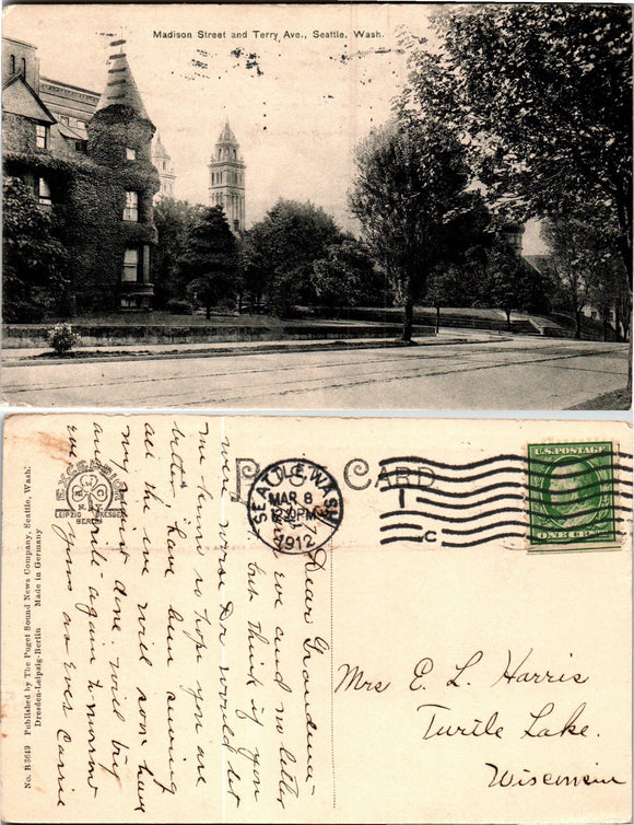 Postcard 1912 Seattle WA Madison and Terry Sts to Turtle Lake WI $$ 383597 ISH