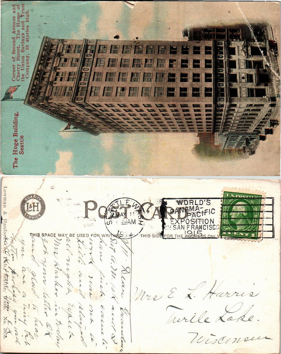Postcard 1912 Seattle WA Hoge Building to Turtle Lake WI $$ 383601 ISH