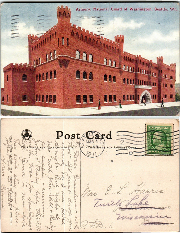 Postcard 1911 Seattle WA National Guard Armory to Turtle Lake WI $$ 383603 ISH