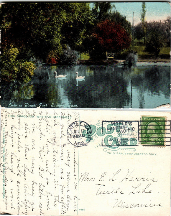 Postcard 1912 Seattle WA Wright Park Scene to Turtle Lake WI $$ 383606 ISH