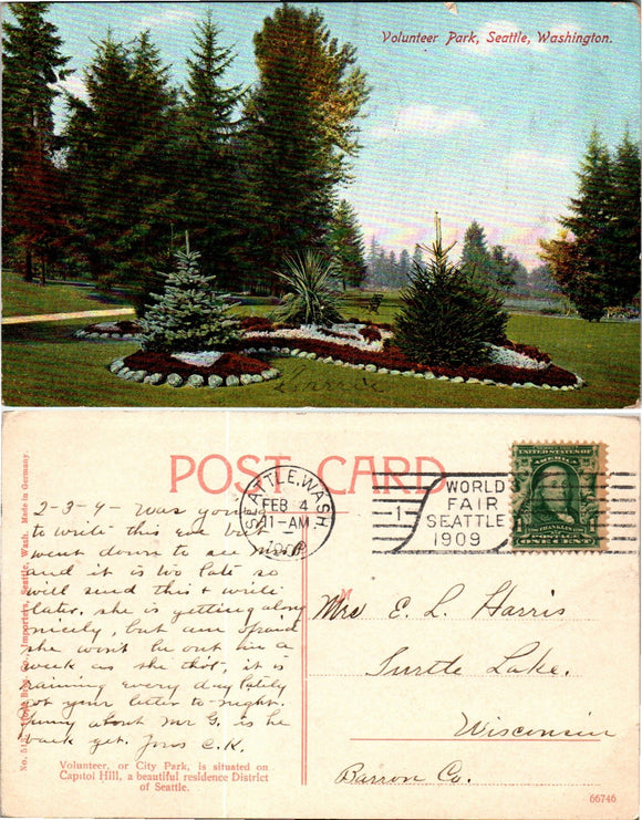 Postcard 1909 Seattle WA Volunteer Park Scene to Turtle Lake WI $$ 383607 ISH