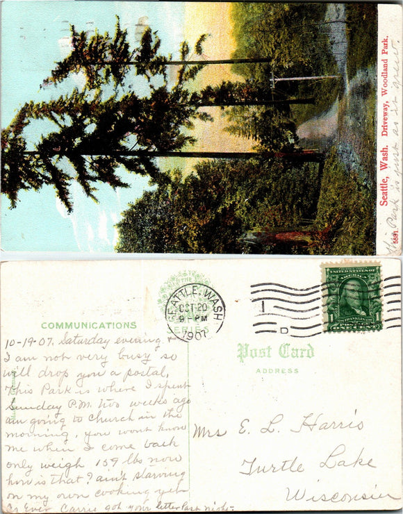 Postcard 1907 Seattle WA Woodland Park Scene to Turtle Lake WI $$ 383608 ISH