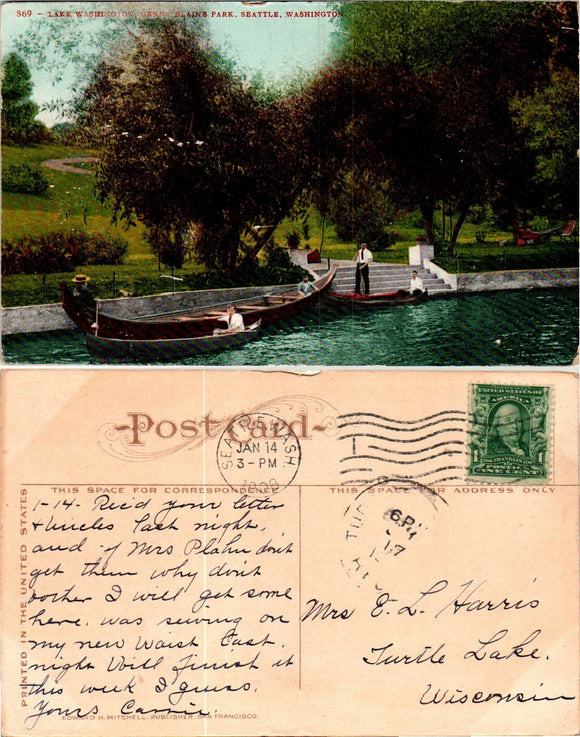 Postcard 1908 Seattle WA Denny Blaine Park to Turtle Lake WI $$ 383609 ISH
