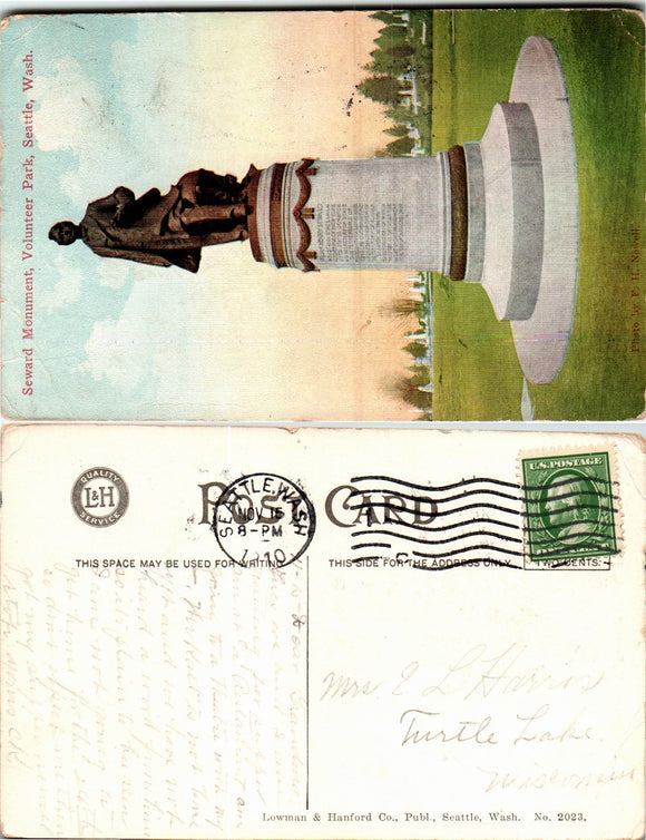 Postcard 1910 Seattle WA Seward Monument to Turtle Lake WI $$ 383612 ISH
