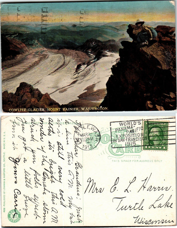 Postcard 1913 Seattle WA Cowlitz Glacier to Turtle Lake WI $$ 383617 ISH
