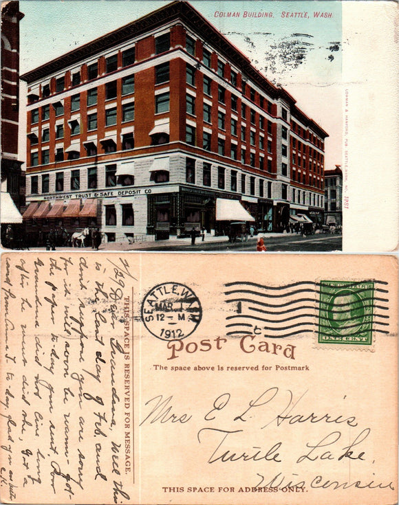 Postcard 1912 Seattle WA Colman Building to Turtle Lake WI $$ 383620 ISH