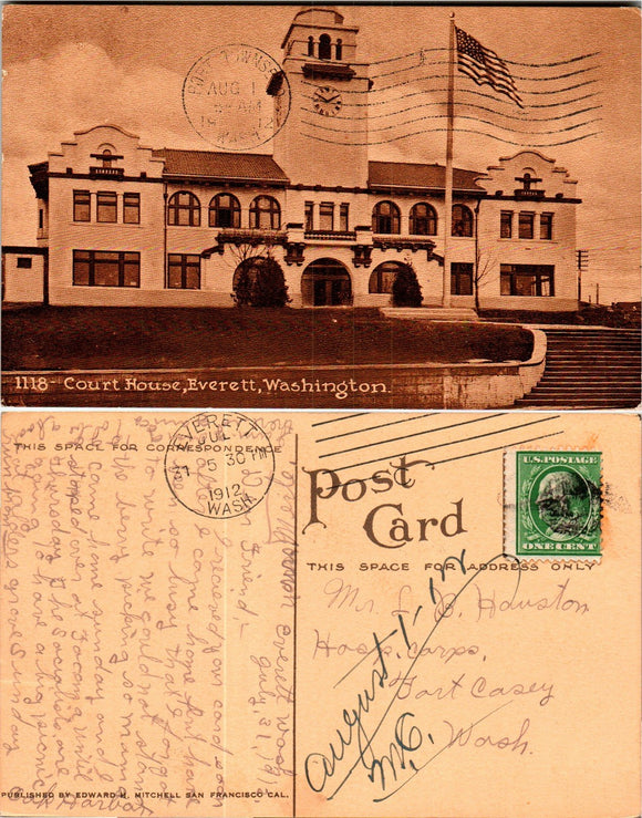 Postcard 1912 Everett WA Court House to Ft. Casey WA $$ 383623 ISH