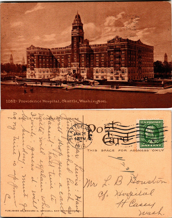Postcard 1912 Seattle WA Providence Hospital to Ft. Casey WA $$ 383624 ISH