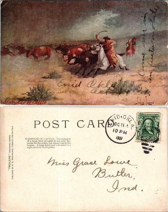 Postcard 1907 Enid OK Cattle Stampede to Butler IN $$ 383638 ISH