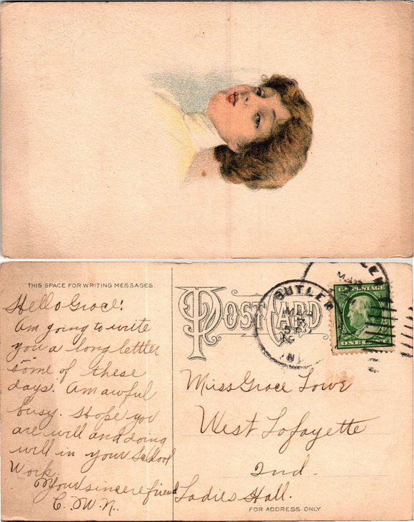 Postcard c 1908 West Lafayette IN Woman's Drawing to Butler IN $$ 383642 ISH