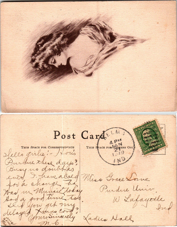 Postcard 1910 Selma IN Woman's Drawing to West Lafayette IN $$ 383644 ISH