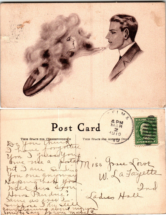 Postcard 1910 Selma IN Woman and Man Smoking to W. Lafayette $$ 383645 ISH