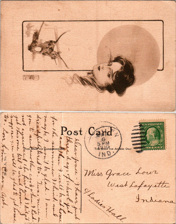 Postcard AS 1910 Woman with Dogs Drawing to West Lafayette IN $$ 383648 ISH