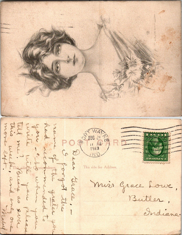 Postcard AS 1913 Ft. Wayne IN Drawing of Woman to Butler IN $$ 383649 ISH