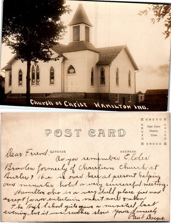 Postcard VINTAGE photo of Church of Christ Hamilton IN $$ 383668 ISH