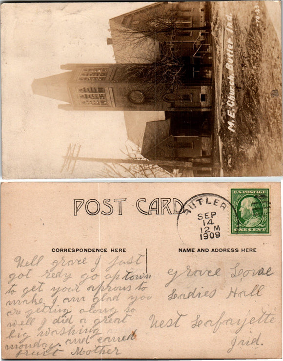 Postcard 1909 photo of M. E. Church Butler IN $$ 383672 ISH