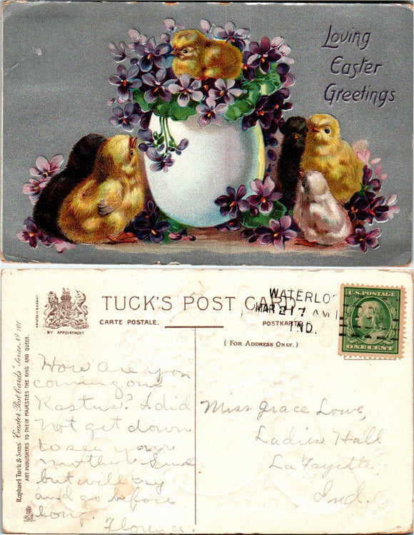 Postcard TUCK 1907 Easter Greetings to W Lafayette $$ 383678 ISH