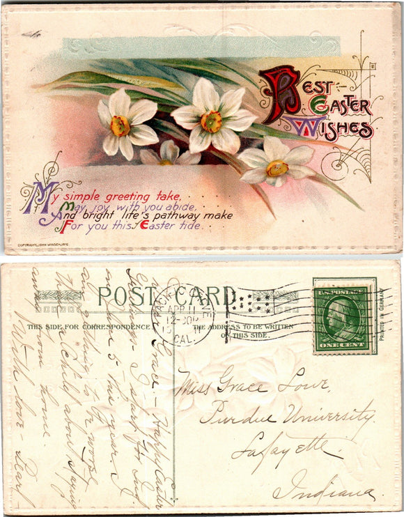 Postcard 1911 Easter to Purdue University IN $$ 383684 ISH