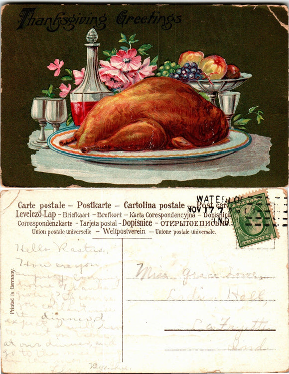 Postcard 1909 Waterloo Thanksgiving to Purdue $$ 383695 ISH