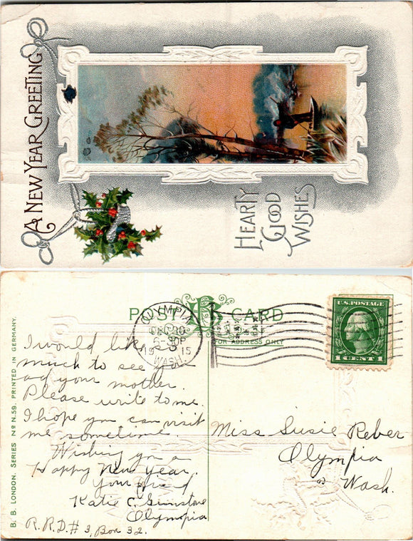 Postcard 1915 New Year to Olympia WA $$ 383699 ISH