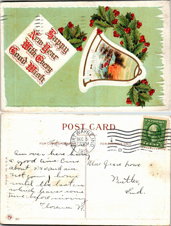 Postcard 1912 New Year Fort Wayne to Butler IN $$ 383701 ISH