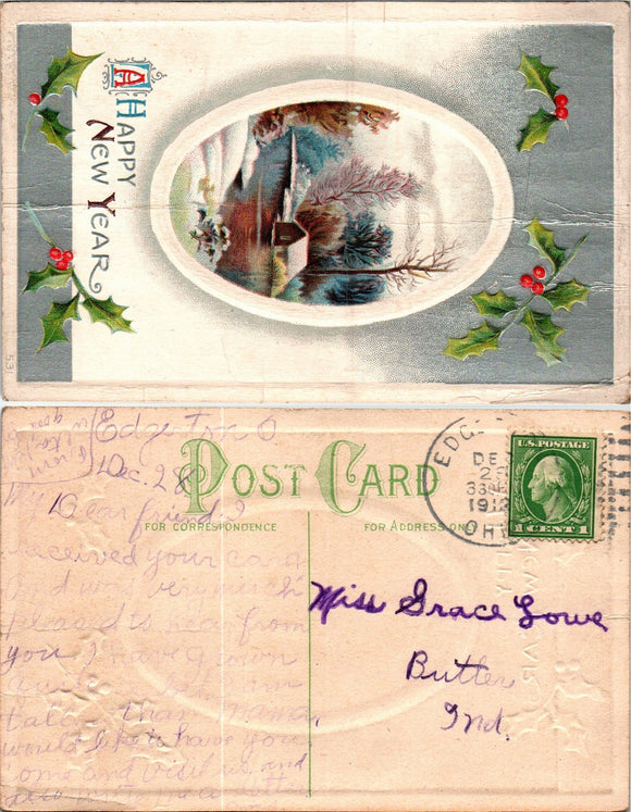 Postcard 1912 New Year Edgerton OH to Butler IN $$ 383704 ISH