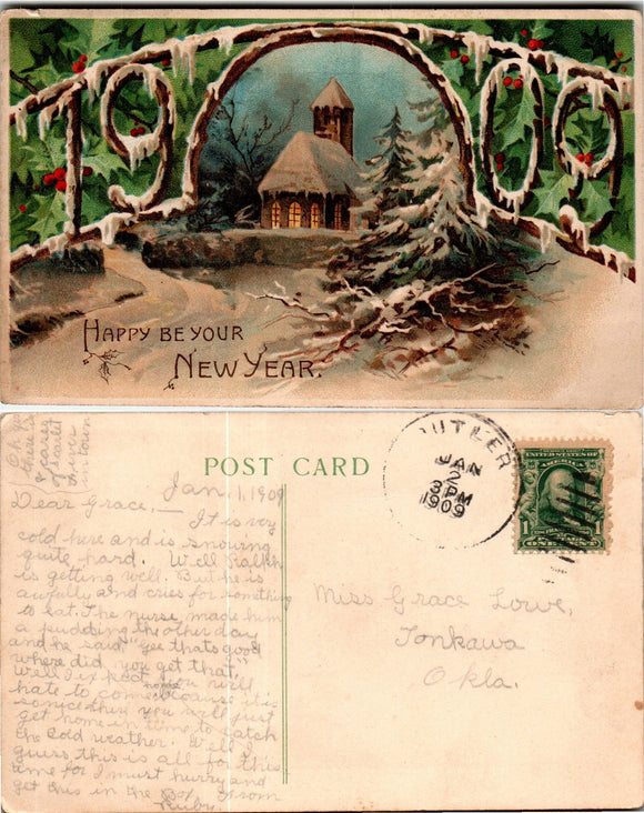 Postcard 1909 New Year from Tonkawa OK to Butler IN $$ 383706 ISH