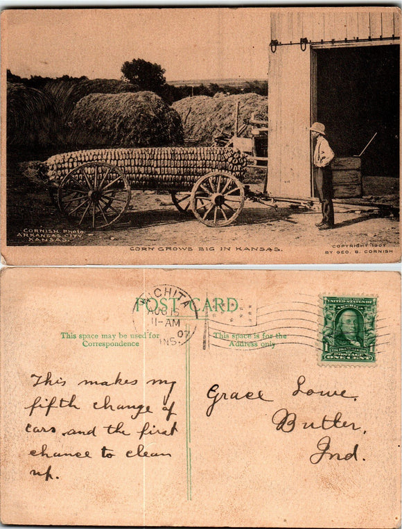 Postcard 1907 Corn Humor Wichita KA to Butler IN $$ 383711 ISH