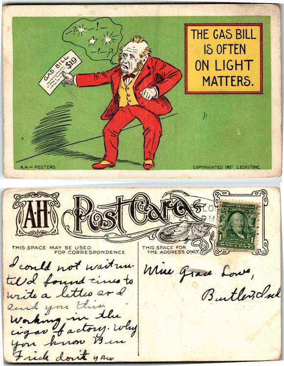 Postcard 1907 Gas Bill Humor Waterloo IN to Butler IN $$ 383712 ISH