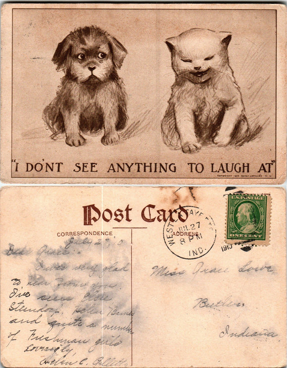 Postcard 1910 Dog and Cat Humor W. Lafayette to Butler IN $$ 383724 ISH