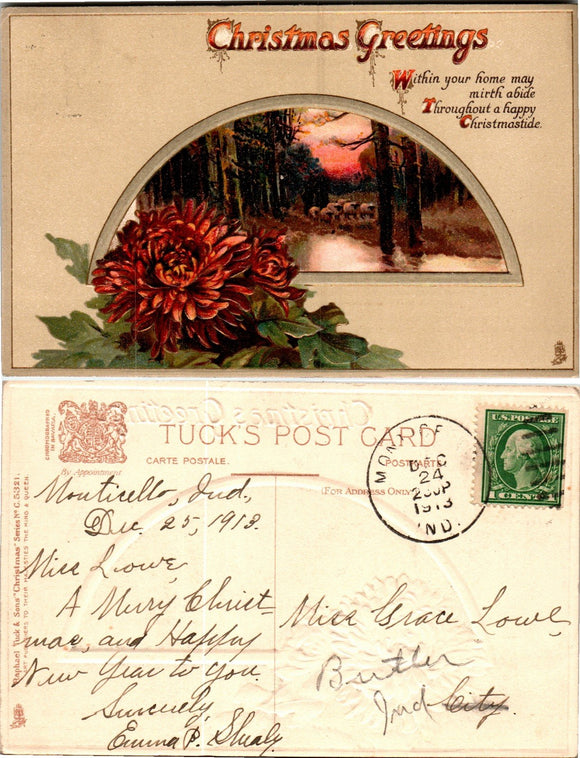 Postcard 1913 Christmas Monroe ND to Butler IN $$ 383727 ISH